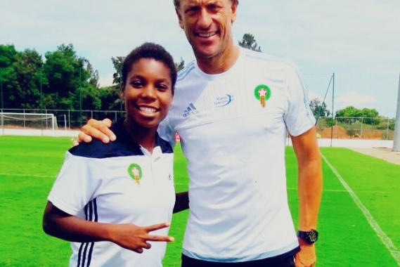 Hasnaa with the coach of the Moroccan male national football team Hervé Renard Hasnaa with the coach of the Moroccan male national football team Hervé Renard